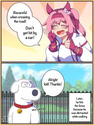  1boy 1girl animal_collar animal_ears blush bow brian_griffin collar dog dog_boy ear_bow ear_covers east-west_crossover family_guy furry furry_male gloves hairband haru_urara_(bestest_prize)_(umamusume) haru_urara_(umamusume) headband highres horse_ears horse_girl jacket long_hair neferkitty open_mouth pink_hair pink_headband ponytail red_gloves red_headband shirt simple_background smile toon_(style) umamusume white_dog 