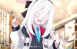  1girl black_hairband black_ribbon blazer blue_archive blue_necktie blush commentary_request dialogue double-parted_bangs hair_between_eyes hair_ribbon hairband half_updo halo highres holy-san_(makuu) indoors jacket kei_(blue_archive) kei_(new_body)_(blue_archive) long_hair long_hair_between_eyes long_sleeves looking_at_viewer multicolored_jacket necktie open_mouth pink_halo ribbon shirt solo two-tone_jacket white_hair white_jacket white_shirt 