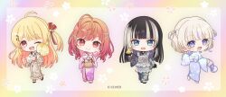 4girls :d ;d ahoge bird bird_on_hand black_gloves black_hair black_kimono blonde_hair blue_eyes blue_kimono blunt_bangs blush chibi chibi_only closed_mouth commentary_request copyright_notice eyelashes floral_print floral_print_kimono full_body gloves grey_hair grey_kimono hair_ornament hair_ribbon hairclip hand_fan holding holding_fan hololive hololive_dev_is ichijou_ririka japanese_clothes juufuutei_raden kimono long_hair medium_hair multicolored_hair multiple_girls musical_note musical_note_hair_ornament obi official_art okamori_kuo one_eye_closed one_side_up open_mouth otonose_kanade pink_kimono print_kimono purple_hair red_eyes red_ribbon regloss_(hololive) ribbon sample_watermark sash sharp_teeth short_hair smile split_mouth standing standing_on_one_leg streaked_hair teeth todoroki_hajime two-tone_hair two_side_up watermark 