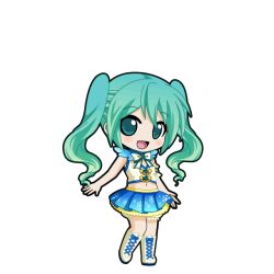  1girl :d aqua_eyes aqua_hair armband black_outline bloomers blue_skirt blush boots bow bowtie chibi chibi_only frilled_armband frills full_body game_asset gradient_hair green_hair hatsune_miku hatsune_miku_graphy_collection knee_boots lace-up_boots layered_skirt long_hair looking_at_viewer midriff multicolored_hair navel outline pleated_skirt shirt skirt smile solo standing transparent_background twintails vocaloid white_boots white_bow white_bowtie white_shirt 
