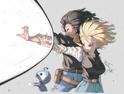  1boy 2girls android_17 android_18 animal_hood black_hair black_shirt blonde_hair blue_eyes blue_pants bosstseng breasts brother_and_sister character_request commentary_request denim dragon_ball dragon_ball_z earrings energy_beam floating_hair grey_background highres hood jeans jewelry large_breasts multiple_girls outstretched_arm pants penguin_hood scarf shirt shirt_tucked_in short_hair siblings yellow_scarf 