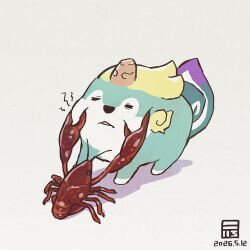 =_= animal_focus artist_logo cheek_pinching closed_eyes commentary crayfish crustacean dated full_body highres logo no_humans parted_lips pinching signature simple_background tama-jii tensui_no_sakuna-hime white_background y_koichi 