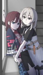  2girls black_choker black_nails black_shirt black_skirt blue_eyes choker closed_mouth commentary english_commentary expressionless fukaigreen girls_band_cry grey_eyes grey_hair happi highres iseri_nina japanese_clothes kabedon kawaragi_momoka long_hair looking_at_viewer multicolored_hair multiple_girls photo-referenced red_hair red_shirt roots_(hair) shirt short_twintails skirt twintails yuri 