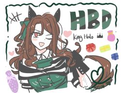  1girl black_gloves brown_hair collared_shirt commentary_request dated dress ear_covers gloves green_dress happy_birthday king_halo_(king_of_emeralds)_(umamusume) king_halo_(umamusume) one_eye_closed open_mouth red_eyes shirt solo umamusume unseuking0427 upper_body 