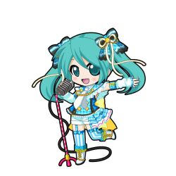  1girl :d aqua_eyes aqua_hair arm_warmers back_bow black_outline blue_bow blue_sailor_collar blue_shirt blue_thighhighs blush boots bow cable chibi chibi_only full_body game_asset garter_straps hair_between_eyes hair_bow hair_ribbon half-skirt hatsune_miku hatsune_miku_graphy_collection holding holding_microphone idol_clothes looking_at_viewer microphone microphone_stand necktie outline outstretched_arm plaid_bow plaid_clothes plaid_shirt ribbon sailor_collar shirt short_shorts shorts shure_55sh smile solo standing standing_on_one_leg striped_clothes striped_thighhighs thigh-highs transparent_background twintails vertical-striped_clothes vertical-striped_thighhighs vocaloid white_arm_warmers white_boots white_necktie white_ribbon white_shorts yellow_bow 