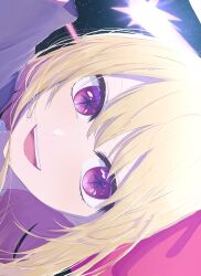  1girl :d blonde_hair blush commentary_request hair_between_eyes headset highres hoshino_ruby looking_at_viewer night oshi_no_ko pink_eyes portrait rayamamami shooting_star sidelocks sideways smile solo star-shaped_pupils star_(sky) star_(symbol) symbol-shaped_pupils teeth upper_teeth_only wind 
