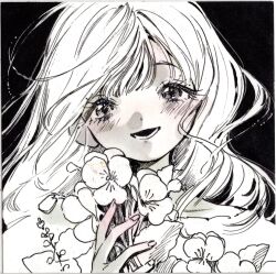  1girl absurdres blush commentary_request dress flower greyscale hidari_(nanmu-left) highres holding holding_flower long_hair looking_at_viewer monochrome open_mouth original smile solo traditional_media upper_body 