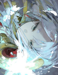  1girl capelet commentary_request dot_nose earrings frieren green_eyes highres holding holding_staff jewelry long_hair looking_at_viewer mage_staff parted_bangs portrait sideways solo sousou_no_frieren sparkle staff sui_(sub072132187053) teardrop_earrings twintails white_capelet white_hair 