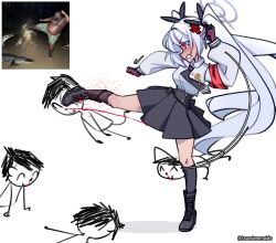  1girl 4boys absurdres ai-generated_art_(topic) alligator_kick_(meme) anger_vein angry armband aroused_nosebleed black_boots black_necktie black_skirt black_socks blood blue_archive boots clone collared_shirt dark-skinned_female dark_skin doodle_sensei_(blue_archive) full_body grey_hair halo highres iori_(blue_archive) kicking long_hair long_sleeves meme miniskirt motion_lines multiple_boys necktie nosebleed photo_inset pleated_skirt puffy_long_sleeves puffy_sleeves red_eyes reference_inset sensei_(blue_archive) shirt simple_background skirt socks standing standing_on_one_leg tsunderemaids twintails twitter_username very_long_hair white_background white_shirt 