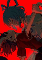  2girls blue_dress blue_hair blue_nails commentary_request dancing dress empty_eyes hair_ornament hair_rings hair_stick hand_on_another's_waist highres kaku_seiga miyako_yoshika multiple_girls ofuda ofuda_on_head puffy_short_sleeves puffy_sleeves red_background short_hair short_sleeves touhou umneri_i 