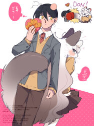  1boy 1girl animal_hands back-to-back black_hair blood blue_eyes blush body_fur box box_of_chocolates brown_fur brown_hair brown_skirt cat_girl claws cocri commentary_request commission cowboy_shot furry furry_female furry_with_non-furry gradient_hair grey_jacket head_bump hetero highres injury interspecies jacket kawai_kousuke_(cocri) long_hair looking_at_another milky_(cocri) multicolored_hair nosebleed original punching school_uniform short_hair skeb_commission skirt spoken_squiggle squiggle standing sweater tail tail_wrap tearing_up translation_request tsundere very_long_hair white_fur white_hair yellow_eyes yellow_sweater 