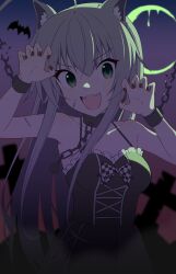  1girl :3 :d ahoge alternate_costume amakuchi_raisu animal_ear_fluff animal_ears backlighting bare_shoulders bat_(animal) black_dress black_nails blush bow breasts chain checkered_bow checkered_clothes claw_pose collarbone commentary cowboy_shot crescent_moon cuffs dress dress_bow eyes_visible_through_hair fangs frilled_dress frills green_eyes grey_hair hair_between_eyes haiyore!_nyaruko-san halloween halloween_costume halterneck handcuffs hands_up highres huge_ahoge large_breasts long_hair looking_at_viewer moon moonlight nail_polish night nyarlathotep_(nyaruko-san) open_mouth outdoors pleated_dress sidelocks sleeveless sleeveless_dress smile solo stitched_arm stitched_face stitches straight_hair v-shaped_eyebrows very_long_hair wolf_ears 