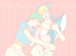  blonde_hair blue_hair bra doll dolphin double_bun facepaint foo_fighters green_hair hoodie jojo_no_kimyou_na_bouken kuujou_jolyne mi-jojo-sa midriff multicolored_hair panties polka_dot polka_dot_background shorts sleeping star two-tone_hair underwear 