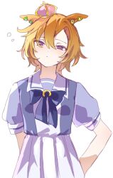  1girl animal_ears blush bow bowtie breasts commentary_request crown frown hair_between_eyes highres horse_ears horse_girl horse_tail looking_at_viewer mini_crown orange_hair orange_tail pink_crown pleated_skirt poposhika puffy_short_sleeves puffy_sleeves purple_bow purple_bowtie purple_shirt sailor_collar sailor_shirt school_uniform shirt short_hair short_sleeves simple_background skirt solo t.m._opera_o_(umamusume) tail tracen_school_uniform umamusume violet_eyes white_background white_sailor_collar white_skirt 