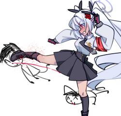  1girl 2boys ai-generated_art_(topic) alligator_kick_(meme) anger_vein angry armband aroused_nosebleed black_boots black_necktie black_skirt black_socks blood blue_archive boots clone collared_shirt dark-skinned_female dark_skin doodle_sensei_(blue_archive) full_body grey_hair halo highres iori_(blue_archive) kicking long_hair long_sleeves meme miniskirt motion_lines multiple_boys necktie nosebleed photo_inset pleated_skirt puffy_long_sleeves puffy_sleeves red_eyes sensei_(blue_archive) shirt simple_background skirt socks standing standing_on_one_leg tsunderemaids twintails twitter_username very_long_hair white_background white_shirt 
