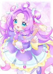  1girl :d absurdres ahoge akechi_anna aqua_eyes aqua_trim arm_up back_bow bare_shoulders blush boots bow bowtie brooch buttons capelet commentary cure_answer curtained_hair double-breasted double_bun dress earrings fingerless_gloves from_above glove_bow gloves gold_buttons gradient_hair hair_bun hair_flaps hair_intakes hair_ornament hand_on_own_hip heart heart_brooch heart_in_eye highres impossible_hair index_finger_raised jewelry layered_dress leg_up light_particles long_hair looking_at_viewer magical_girl medium_dress meitantei_precure! mirun_migyu multicolored_hair off-shoulder_dress off_shoulder open_mouth pact_holder parted_bangs pink_background pink_hair pleated_dress pointing pointing_at_viewer precure purple_boots purple_bow purple_bowtie purple_capelet purple_dress purple_hair round_teeth smile solo sparkle symbol_in_eye teeth thigh-highs triangle_background two-tone_hair upper_teeth_only very_long_hair white_gloves white_thighhighs wing_hair_ornament yellow_bow 
