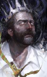  1boy beard blank_eyes collared_shirt crown crying crying_with_eyes_open disco_elysium facial_hair full_beard harry_du_bois loose_necktie male_focus mullet necktie painterly parted_lips shirt single_tear slaughtersafe solo tears white_shirt 