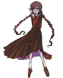  1girl arms_behind_back braid brown_hair brown_serafuku brown_shirt brown_shoes brown_skirt collared_shirt commentary danganronpa:_trigger_happy_havoc danganronpa_(series) eyelashes fukawa_toko full_body glasses grey_eyes long_hair long_skirt long_sleeves neckerchief open_mouth otohime_(kk23maa) pale_skin red_neckerchief sailor_collar school_uniform serafuku shirt shoes simple_background skirt skirt_set socks solo teeth third-party_source twin_braids twintails upper_teeth_only white_background white_sailor_collar white_socks 