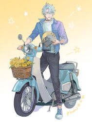  1boy alternate_costume antenna_hair black_choker black_pants blue_eyes blue_jacket blue_shoes bracelet bunnyclvb choker commentary contemporary curtained_hair english_commentary flower full_body gradient_background grey_hair hair_between_eyes helmet highres holding holding_unworn_helmet honkai:_star_rail honkai_(series) jacket jewelry looking_ahead male_focus moped motor_vehicle motorcycle_helmet open_clothes open_jacket pants pants_rolled_up parted_bangs parted_lips phainon_(honkai:_star_rail) shirt shoes short_hair simple_background sleeves_rolled_up smile solo standing star_(symbol) unworn_headwear unworn_helmet white_background white_shirt wicker_basket yellow_background yellow_flower 