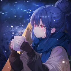  1girl absurdres black_gloves black_sweater blue_hair blue_scarf brown_poncho camping coffee commentary_request cup fingerless_gloves gloves hair_bun highres holding holding_cup long_sleeves meteor_shower mug night open_mouth outdoors plaid_clothes plaid_scarf poncho scarf shima_rin single_hair_bun sky snowing solo star_(sky) starry_sky sweater taigaphan tent upper_body violet_eyes yurucamp 
