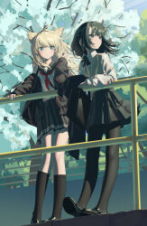  2girls absurdres animal_ears arknights arknights:_endfield bird_ears bird_girl black_hair black_pantyhose black_sailor_collar blue_eyes endministrator_(arknights) female_endministrator_(arknights) grey_hair highres long_hair multiple_girls no_mask outdoors pantyhose perlica_(arknights) pleated_skirt rui_(rei_leyi) sailor_collar school_uniform serafuku short_hair skirt standing tree white_serafuku 