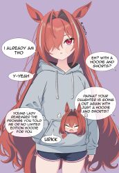 00017s 2girls absurdres anger_vein animal_ears black_shorts blush brown_hair commentary daiwa_scarlet_(umamusume) english_commentary fang grey_hoodie hair_intakes hair_over_one_eye hand_in_pocket highres hood hood_down hoodie horse_ears horse_girl horse_tail long_hair long_sleeves mother_and_child mother_and_daughter multiple_girls open_mouth original parent_and_child puff_of_air red_eyes shirt shorts skin_fang tail umamusume very_long_hair 