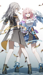  2girls absurdres black_boots black_gloves black_jacket blue_eyes blue_jacket blue_skirt boots breasts bu_bai_(wres2744) commentary_request full_body gloves gradient_hair grey_hair hair_between_eyes hand_on_own_hip highres honkai:_star_rail honkai_(series) jacket long_hair looking_at_viewer looking_back march_7th_(honkai:_star_rail) march_7th_(preservation)_(honkai:_star_rail) medium_breasts medium_hair multicolored_eyes multicolored_hair multiple_girls open_mouth pink_eyes shirt skirt star_rail_special_pass_(honkai:_star_rail) stelle_(honkai:_star_rail) tied_jacket trailblazer_(honkai:_star_rail) two-tone_eyes white_shirt yellow_eyes 