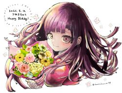 bandaged_hand bandages blush bouquet closed_mouth cropped_shoulders danganronpa_(series) danganronpa_2:_goodbye_despair dated eyelashes flower happy_birthday highres holding holding_bouquet long_hair looking_at_viewer mirai_ai94 mole mole_under_eye painting_(medium) protected_link puffy_sleeves purple_hair signature simple_background smile traditional_media tsumiki_mikan violet_eyes watercolor_(medium) white_background 