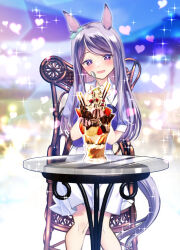  1girl animal_ears aqua_bow blush bow bowtie chocolate ear_bow ear_ribbon food fruit heart highres holding holding_spoon horse_ears horse_girl horse_tail ice_cream long_hair mejiro_mcqueen_(umamusume) open_mouth pleated_skirt puffy_short_sleeves puffy_sleeves purple_bow purple_bowtie purple_hair purple_shirt sailor_collar sailor_shirt school_uniform shirt short_sleeves skirt smile solo spoon strawberry table tail tracen_school_uniform tsurugi_hikaru umamusume violet_eyes white_sailor_collar white_skirt 