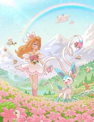  1girl alternate_color aqua_eyes atom_palace blush bow brown_hair buneary closed_mouth cutiefly day dress english_commentary flabebe flower glasses grass happy highres holding holding_flower jewelry landscape long_hair mountain necklace open_mouth original outdoors petals pokemon pokemon_(creature) rainbow ribbon shaymin shaymin_(land) shiny_pokemon smile sunlight sylveon tiara togekiss togetic walking water 