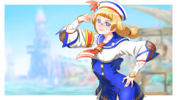  1girl blonde_hair blue_eyes blue_sailor_collar blue_skirt blue_trim blurry blurry_background border braid breasts day dixie_cup_hat freckles hand_on_own_hip hat highres lips medium_breasts military_hat monster_hunter_(series) monster_hunter_3_g necktie outdoors outside_border quest_receptionist_(monster_hunter_3_ultimate) red_necktie red_trim sailor_collar salute skirt solo twin_braids upper_body user_ukaf4725 white_border 