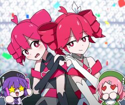  4girls ahoge apron atena_fumei bare_shoulders beret black_dress black_gloves black_hat black_skirt blurry blurry_background blush bright_pupils character_t_(utau) chibi chibi_inset closed_mouth collared_dress collared_shirt confetti dress drill_hair elbow_gloves frilled_apron frills gloves glowstick green_dress green_hat grey_shirt hair_ribbon hat headphones heart heart_hands heart_hands_duo holding holding_glowstick kasane_teto kasane_teto_(sv) kasane_teto_(utau) long_hair looking_at_another medium_hair mixed-language_commentary momone_momo multiple_girls necktie no_mouth official_art open_mouth outline pink_hair pleated_skirt purple_hair purple_necktie red_eyes red_hair red_ribbon ribbon robot_ears shirt short_hair skirt sleeveless sleeveless_dress smile smug star_(symbol) synthesizer_v twin_drills utane_uta utau white_apron white_dress white_gloves white_outline white_pupils white_ribbon 