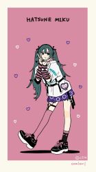  1girl 39 :t arm_warmers artist_name asymmetrical_legwear black_arm_warmers black_shoes black_socks blue_eyes blue_hair character_name coalowl commentary_request company_name copyright_notice double_v full_body hair_ornament hatsune_miku headphones heart heart_hair_ornament heart_o-ring highres leg_up looking_at_viewer mismatched_legwear o-ring official_art pink_nails pink_thighhighs red_skirt shirt shoes single_sock single_thighhigh skirt socks solo striped_arm_warmers thigh-highs tongue tongue_out translation_request v vocaloid white_shirt 