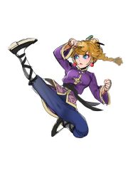  1girl ano_(sbee) black_sash blonde_hair blue_eyes blue_pants braid braided_ponytail chinese_clothes closed_mouth commentary_request earrings eyeshadow fighting_stance flying_kick full_body hair_bun hair_ornament highres jacket jewelry jumping kicking long_hair long_sleeves makeup pants princess_peach princess_peach:_showtime! purple_shirt sash shirt shoes simple_background solo sphere_earrings super_mario_bros. white_background wide_sleeves 