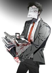  1boy absurdres adachi_tooru belt belt_buckle black_belt black_hair black_jacket black_pants black_suit blood blood_on_clothes blood_on_hand blood_on_object box buckle business_suit buttons collared_shirt drawn_smile dress_shirt gradient_background grey_background grey_eyes highres holding holding_box jacket long_sleeves male_focus nayam88646020 necktie one_eye_covered open_clothes open_jacket pants paper paper_on_head persona persona_4 red_necktie shirt short_hair solo suit suit_jacket tape translation_request walking white_shirt 