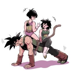  1boy 2girls bardock commentary_request cross_scar dragon_ball dragon_ball_z exercising gine highres ireba_sui monkey_tail multiple_girls muscular muscular_male saiyan saiyan_armor scar seripa spiky_hair tail tail_around_own_waist 