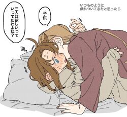  2girls alternate_skin_color blonde_hair blue_eyes blush bokujou_monogatari bokujou_monogatari:_youkoso!_kaze_no_bazaar_e brown_hair commentary_request dayama drawstring ear_blush flat_color freya_(bokujou_monogatari) grey_hoodie haruka_(bokujou_monogatari) hood hoodie lightened_skin long_hair multiple_girls pillow red_sweater sheep_print simple_background speech_bubble sweat sweater translation_request white_background yuri 