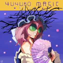  1girl 1up artist_logo blue_background blue_hat character_name commentary_request dushiido french_commentary green-tinted_eyewear hand_fan hat highres holding holding_fan logo medium_hair mob_cap paper_fan pink_hair pink_nails round_eyewear saigyouji_yuyuko smile solo sunglasses tinted_eyewear touhou upper_body 