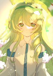  1girl absurdres bare_shoulders breasts closed_mouth commentary_request detached_sleeves frog_hair_ornament green_eyes green_hair green_hairband hair_between_eyes hair_ornament hair_tubes hairband highres kochiya_sanae long_hair looking_at_viewer neruko_(piano00324) smile snake_hair_ornament solo touhou upper_body wide_sleeves 