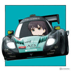  1girl aqua_background aqua_eyes black_hair border car chibi driving ganaha_hibiki idolmaster idolmaster_(classic) kayatsu_urotoma looking_ahead motor_vehicle outside_border race_vehicle racecar simple_background solo twitter_username vehicle_request white_border 