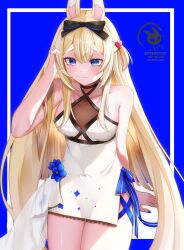  1girl animal_ears bare_shoulders black_bow blonde_hair blue_background blue_eyes blue_flower blue_nails blue_ribbon bow breasts byte-artist closed_mouth dress flower hair_bow hair_ornament heart heart_hair_ornament highres indie_virtual_youtuber long_hair looking_at_viewer medium_breasts rabbit_ears rabbit_girl ribbon see-through_cleavage see-through_clothes solo thighs very_long_hair virtual_youtuber white_dress yenko_(vtuber) 