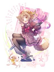  1girl :d absurdres animal animal_ears artist_self-insert bag bell black_pantyhose bone-shaped_bag bow braid brown_dress brown_eyes brown_hair brown_jacket brown_sailor_collar brown_shoes chihuahua choker claw_pose commentary_request curly_sidelocks dog dog_ears dog_girl dog_tail drawing_tablet dress fang flower flower_symbol footwear_bow frilled_dress frilled_jacket frilled_sailor_collar frills full_body highres indie_virtual_youtuber invisible_chair jacket loafers miyahana_yu miyahana_yu_(artist) neck_bell open_clothes open_jacket open_mouth oversized_object pantyhose pen pink_bow pink_choker pink_flower pink_frills pink_trim sailor_collar shoes short_dress shoulder_bag side_braid sidelocks sitting skin_fang smile solo star_(symbol) striped_clothes striped_dress stylus tail vertical-striped_clothes vertical-striped_dress virtual_youtuber white_background white_bag 