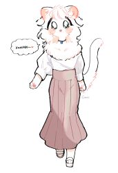  1girl animal_feet animal_hands blue_eyes body_fur brown_skirt cat_girl cocri commentary_request full_body furry furry_female highres long_sleeves looking_at_viewer neck_fur original princess_koyuki_(cocri) puffy_long_sleeves puffy_sleeves shirt simple_background skirt tail walking white_background white_fur white_hair white_shirt 
