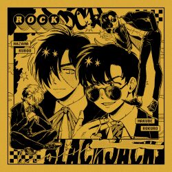  2boys absurdres black_jack_(character) black_jack_(series) border character_name cigarette closed_mouth collared_shirt commission grin hair_over_one_eye hand_in_pocket hand_up highres holding holding_cigarette indian_style jacket lapels long_sleeves looking_at_another looking_at_viewer male_focus monochrome multicolored_hair multiple_boys multiple_views neck_ribbon necktie notched_lapels open_clothes open_jacket ribbon rock_(tezuka_osamu) scar scar_on_face scar_on_hand shirt short_hair sitting smile smoke split-color_hair stitched_fingers stitches sunglasses tezuka's_star_system tmd_(nbaequ) two-tone_hair wing_collar yellow_theme 