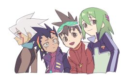 4boys blue_hair brown_eyes brown_hair character_request dosiki_gemi facial_mark geo_stelar_(mega_man) green_hair group_picture highres jacket jewelry mega_man_(series) mega_man_star_force_(series) multiple_boys pendant purple_jacket purple_shirt red_eyes red_shirt shirt simple_background solo_(mega_man) upper_body white_background 