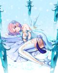  1girl bare_shoulders blue blue_background blue_legwear blue_skirt breasts cleavage dress hair_ornament highres lying on_side original purple_hair red_eyes shoes short_hair skirt snowflake_hair_ornament solo strapless_dress sword thighhighs weapon yumaomi 