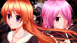  2girls absurdres animal_print black_jacket black_shirt casual cat_print chaos;child collarbone collared_shirt dress hair_between_eyes hair_over_one_eye hair_ribbon hekiho_academy_school_uniform highres jacket kurusu_nono light_frown long_hair long_sleeves looking_at_viewer minamisawa_senri multiple_girls orange_hair parted_lips pinafore_dress pink_hair red_eyes red_ribbon ribbon sailor_collar school_uniform science_adventure shirt sleeveless sleeveless_dress turtleneck twintails violet_eyes white_dress white_sailor_collar zanmu_no_sora 