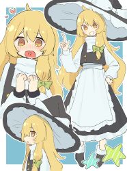  1girl apron black_vest blonde_hair blue_background blush border bow chain commentary_request cuffs edamanecha frills green_bow hair_between_eyes hair_bow handcuffs hat hat_bow heart heart-shaped_pupils heart_tongue highres kirisame_marisa large_hat long_hair open_mouth pointing pointing_up shirt skirt smile solo star_(symbol) symbol-shaped_pupils touhou vest waist_apron white_border white_bow witch_hat yellow_eyes 