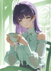  1girl absurdres blush breasts chair commentary_request cup detached_sleeves earrings elbows_on_table enu_illustip flower green_background green_eyes hair_intakes highres holding holding_cup jewelry love_live! love_live!_hasu_no_sora_jogakuin_school_idol_club medium_breasts neck_ribbon on_chair otomune_kozue purple_hair ribbon see-through_clothes see-through_sleeves shadow shirt sitting smile solo table white_ribbon white_shirt 