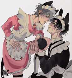  2boys alien_stage animal_ears apron artist_logo artist_name bell black_dress black_eyes black_gloves black_shoes cat_ears cat_tail commentary crossdressing crossdressing_(mtf) dress english_commentary fang frilled_apron frills gloves grey_eyes hani_(pharmacyofheart) highres ivan_(alien_stage) logo maid maid_day maid_headdress male_focus male_maid multiple_boys neck_bell official_alternate_costume pink_dress red_pupils shoes small_sweatdrop socks tail till_(alien_stage) white_apron white_socks 